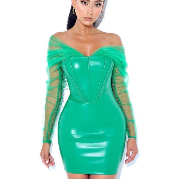🚨LAST ONE🚨Faina Green Mesh Sleeve Leather Corset Dress